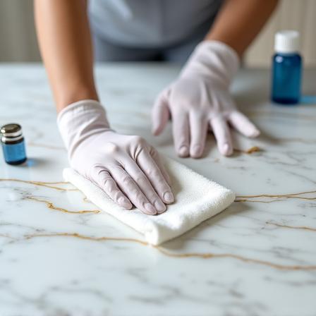 Mani esperte che puliscono una superficie in marmo con cura meticolosa