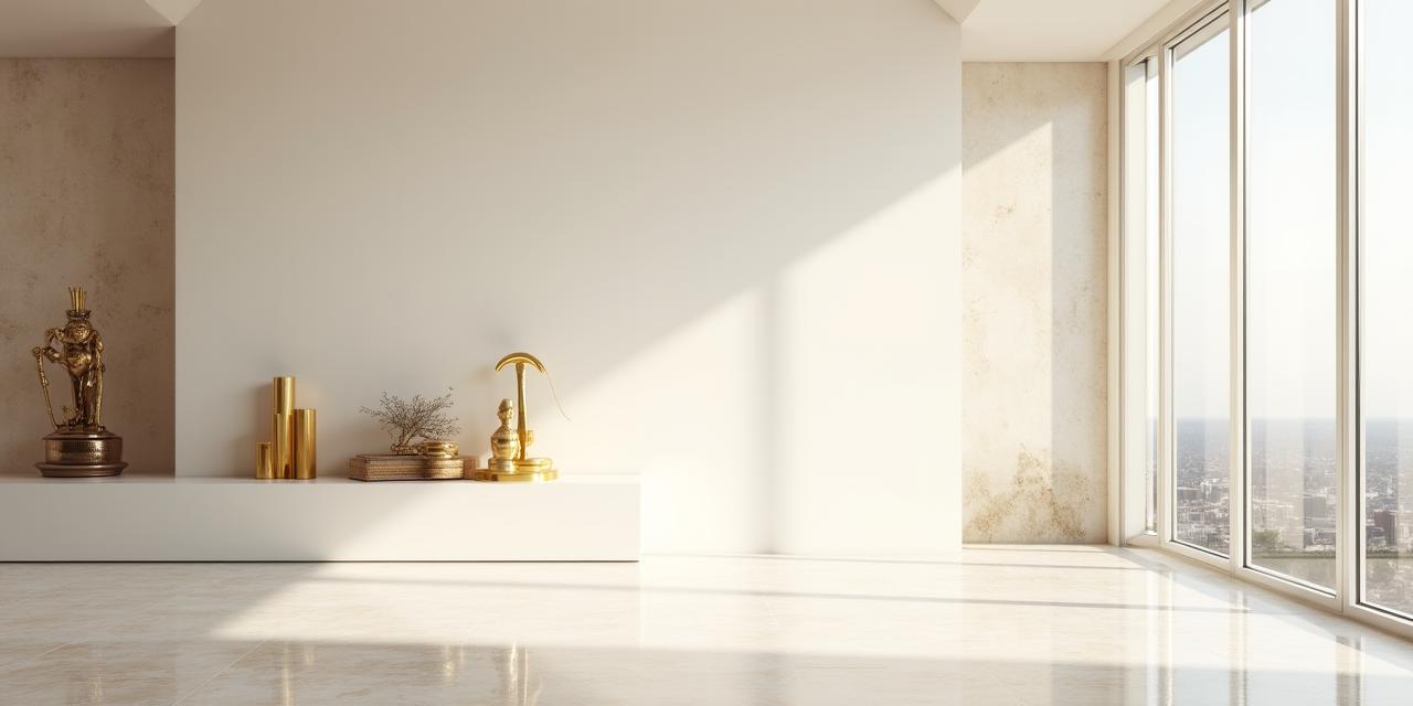 Interno lussuoso e minimale con luce solare radente e decorazioni egizie discrete
