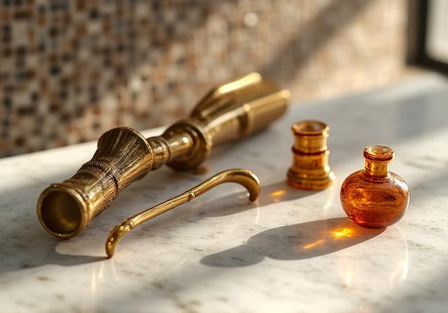 Strumenti di pulizia antichi come strigili e ampolle di olio accanto a un mosaico